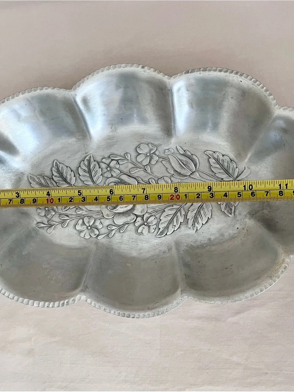 Vintage Floral Embossed Aluminum Silver-Tone Dish